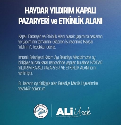 Haydar Yıldırım Kapalı Pazaryeri ve Etkinlik Alanı hayırlı olsun.