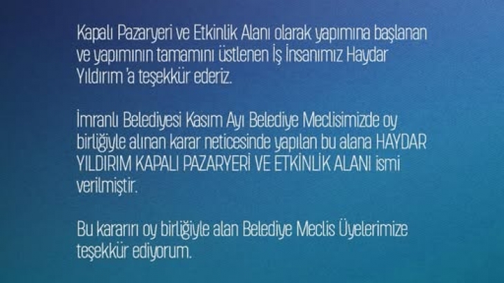 Haydar Yıldırım Kapalı Pazaryeri ve Etkinlik Alanı hayırlı olsun.